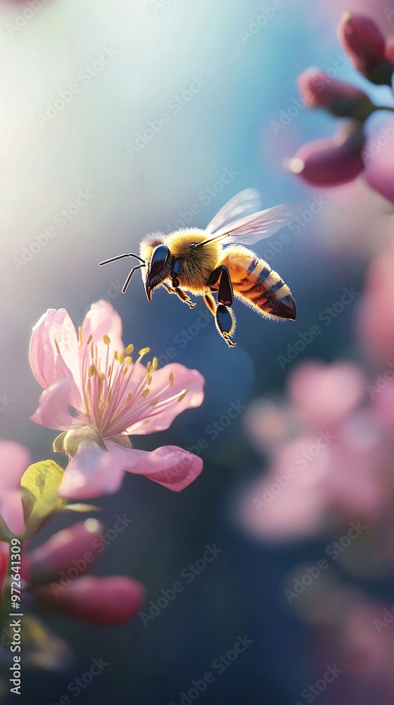Honeybee Mid-Flight with Wings Frozen in Motion Approaching Flower Honeybee Mid-Flight with Wings Frozen in Motion Approaching Flower