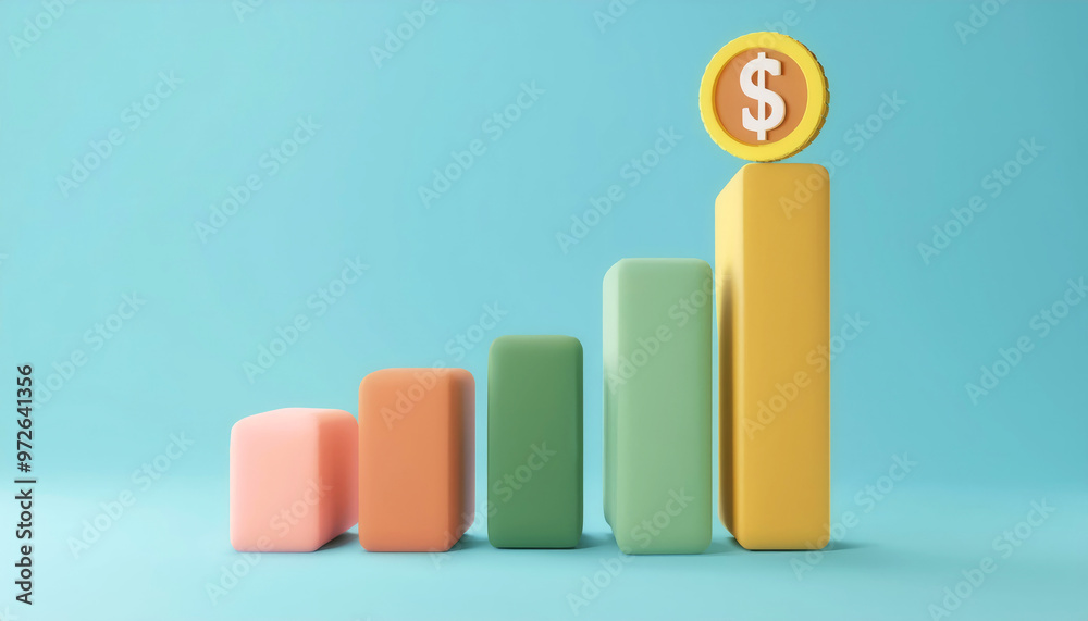 Colorful bars represent financial growth with a dollar symbol, illustrating success and progress in investment and business. Colorful bars represent financial growth with a dollar symbol, illustrating success and progress in investment and business.