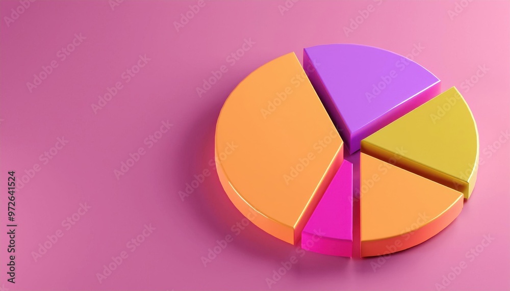 Obraz premium Colorful 3D pie chart on a pink background, abstract representation of data visualization and financial statistics.