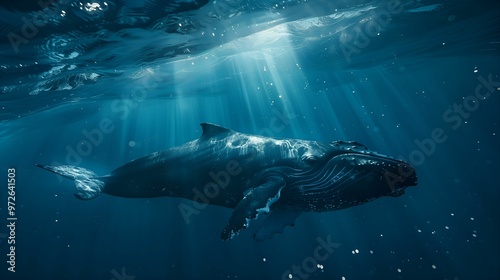 Whale gliding through deep blue water with sunlight rays