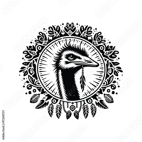 Ostrich bird in bohemian black and white silhouette illustration photo