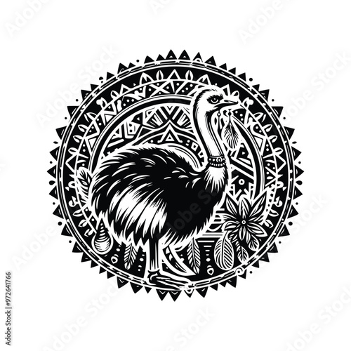 Ostrich bird in bohemian black and white silhouette illustration photo