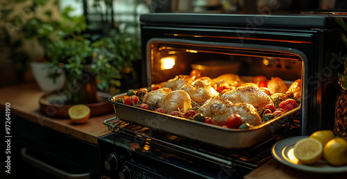 Banner with Thanksgiving turkey in the oven for Thanksgiving Day or Christmas Dinner. Cooked at home with green lettuce and cherry tomatoes. Modern kitchen background with greenery. Copy space