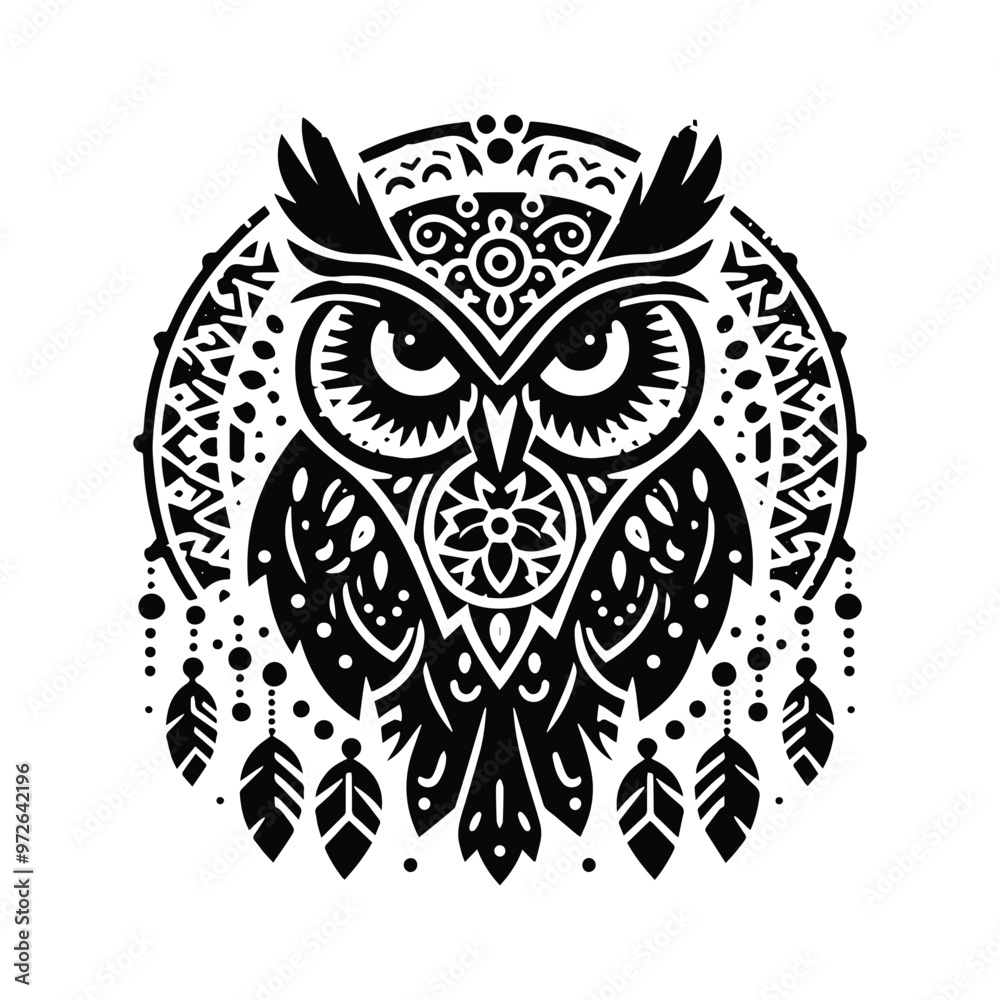Owl bird in bohemian black and white silhouette illustration Owl bird in bohemian black and white silhouette illustration