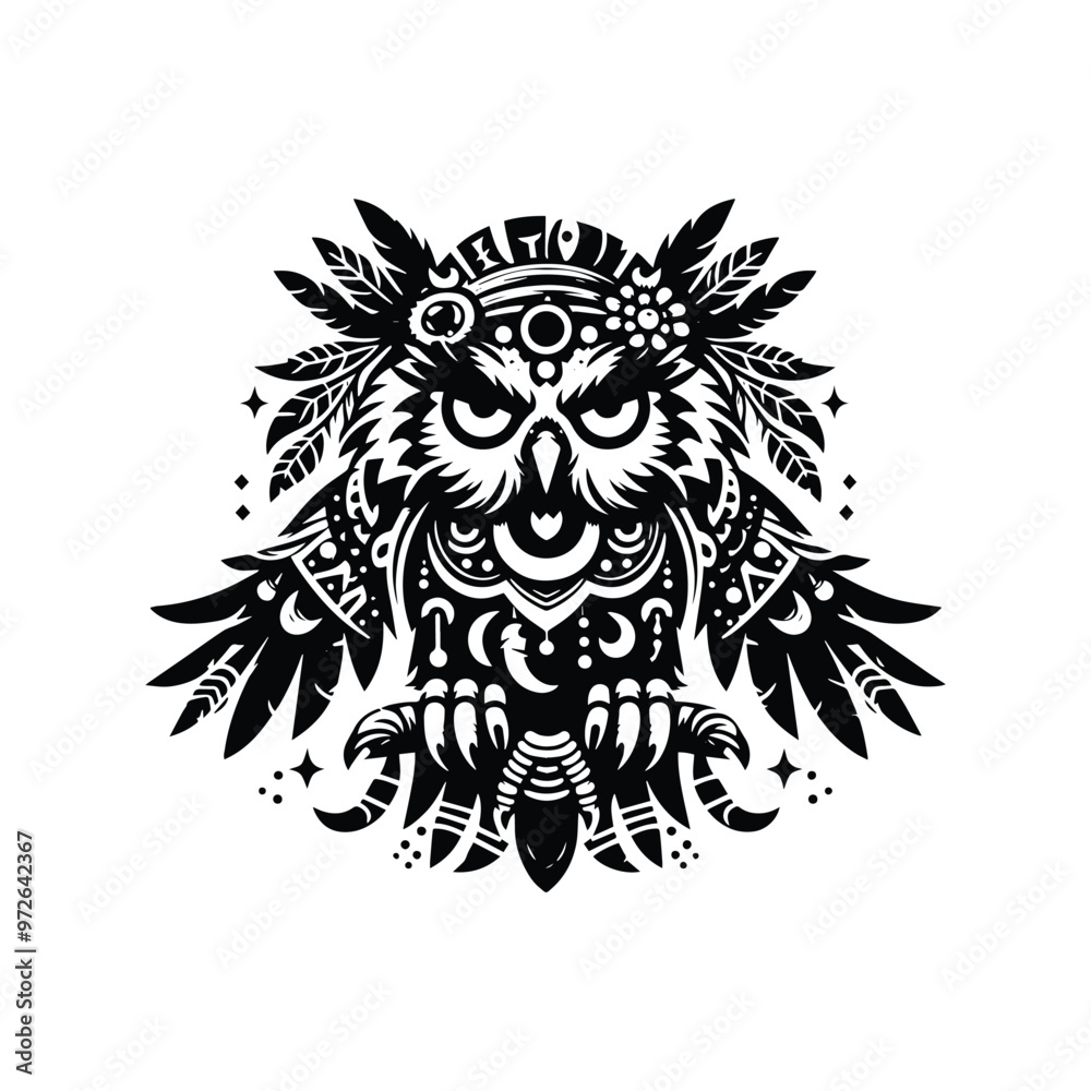 Obraz premium Owl bird in bohemian black and white silhouette illustration