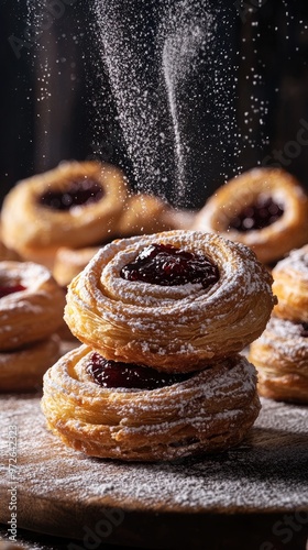 Flaky pastry wreaths filled with rich plum jam and dusted with icing sugar photo