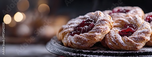 Flaky pastry wreaths filled with rich plum jam and dusted with icing sugar photo