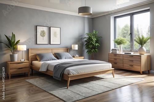 Modern minimalist bedroom featuring affordable furniture set with bed frame, nightstand, and dresser, all with a photo