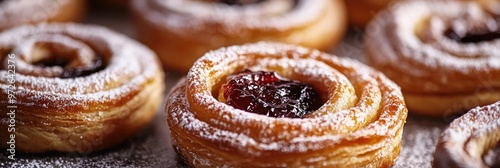 Flaky pastry wreaths filled with rich plum jam and dusted with icing sugar photo