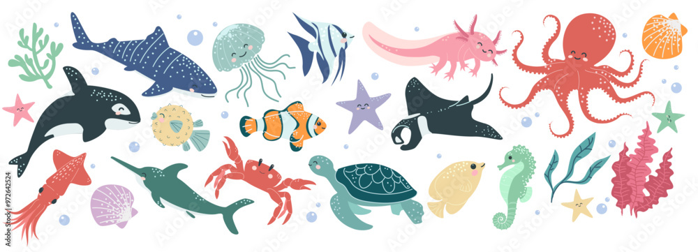 Obraz premium Sea animal life. Fish funny childish decor, octopus, dolphin and lobster with face, shell, marine creature. Cute cartoon character. Ocean baby pattern. Vector underwater wildlife doodle illustration