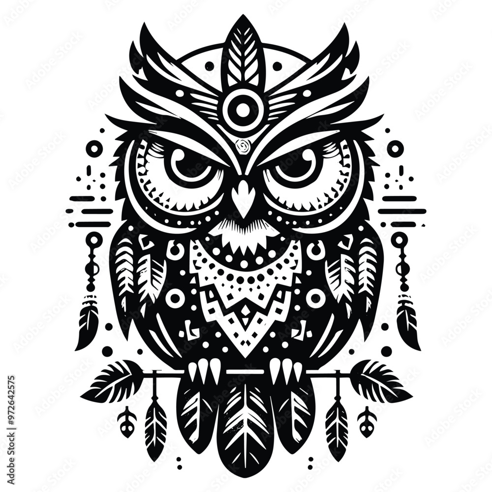 Owl bird in bohemian black and white silhouette illustration Owl bird in bohemian black and white silhouette illustration