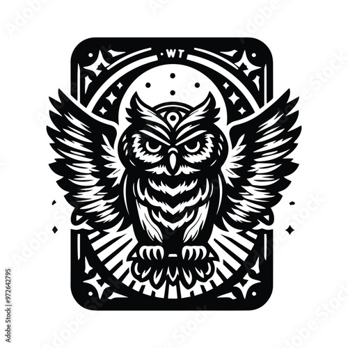 Owl bird in Tarot card black and white silhouette illustration