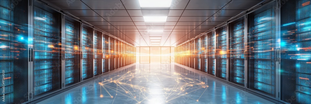 Fototapeta premium Data Center Storage With Information Flowing Through It In Blue And Orange Connecting Lines Cloud