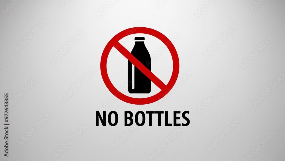 No Bottles Sign with Black Bottle Icon Crossed Out by Red Circle on a White Background
No Bottles Sign with Black Bottle Icon Crossed Out by Red Circle on a White Background