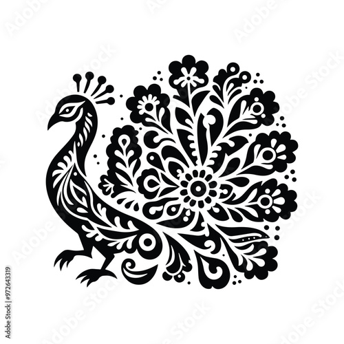 Peacock bird in folk art black and white silhouette illustration