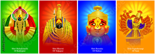Set of Three and a half Shakti Peethas in maharastra. Goddess mahalaxmi, tuljabhavani, renuka, saptashrungi illustration for Happy Durga Puja offer, Discount, Sales Tags, Print, Banner, Web Banner