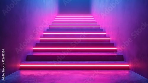 Neon pink light illuminates a set of stairs in a dark room.