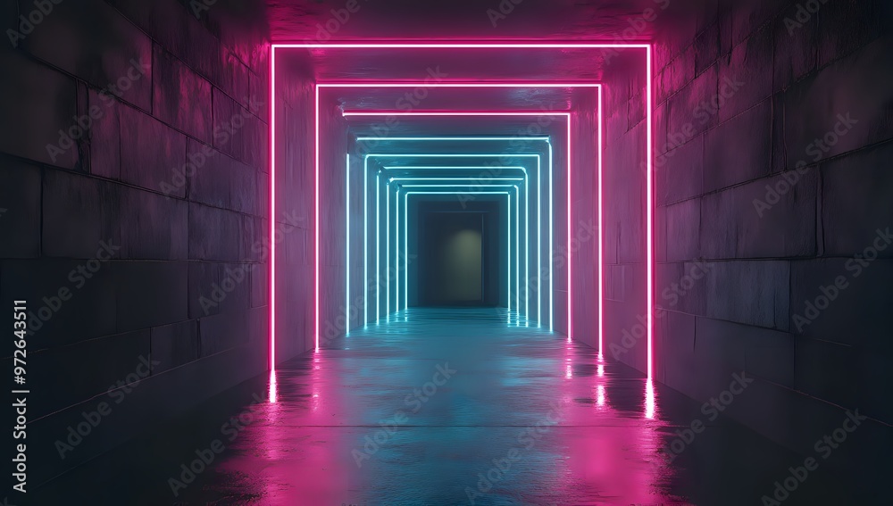 A long, dark corridor lined with neon pink and blue lights. A long, dark corridor lined with neon pink and blue lights.