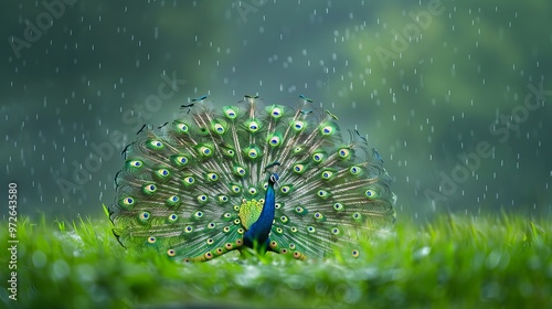 A majestic peacock displays its vibrant plumage in a mesmerizing dance, as raindrops fall around it