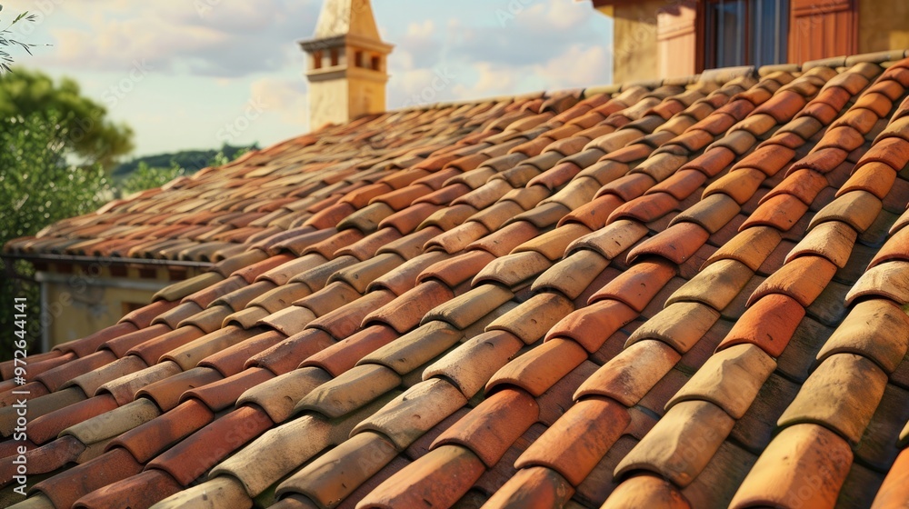 Naklejka premium Textured terracotta roof tiles with a warm, earthy hue and irregular shapes, defining the architecture of a Mediterranean villa.