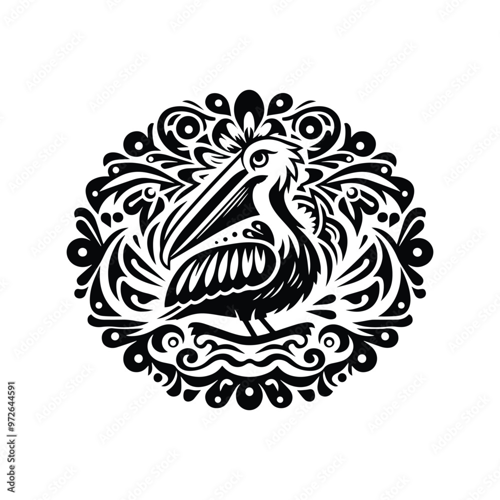 Pelican bird in folk art black and white silhouette illustration Pelican bird in folk art black and white silhouette illustration