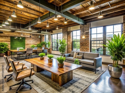 Modern Sioux Falls interior design firm's open concept office features reclaimed wood accents, sleek glass tables, and