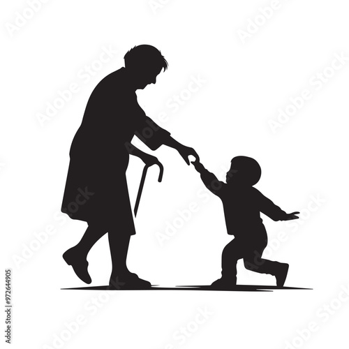 Grandparent with grandchild silhouette. Child enjoying with grandfather and grandmother vector design.