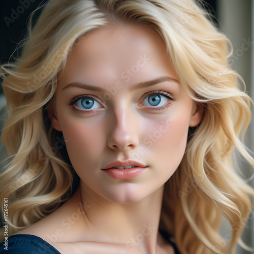 Blonde Woman with Blue Eyes – Natural Timeless Beauty in Captivating 32K UHD Detail, Voigtlander Bessa R2M Style, Light Orange & Black Tones, Stunning Photography with Elegant Lighting photo