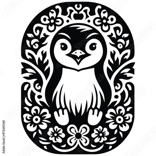 Penguin bird in folk art black and white silhouette illustration