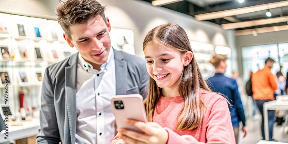 Youthful Smiles in a Modern Retail Setting. A happy teenage engrossed in his smartphone in a modern electronics store, surrounded by other shoppers.