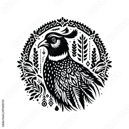 Pheasant bird in bohemian black and white silhouette illustration