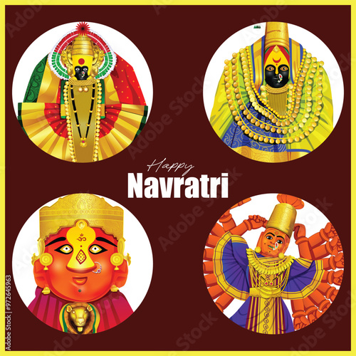 Set of Three and a half Shakti Peethas in maharastra. Goddess mahalaxmi, tuljabhavani, renuka, saptashrungi illustration for Happy Durga Puja offer, Discount, Sales Tags, Print, Banner, Web Banner