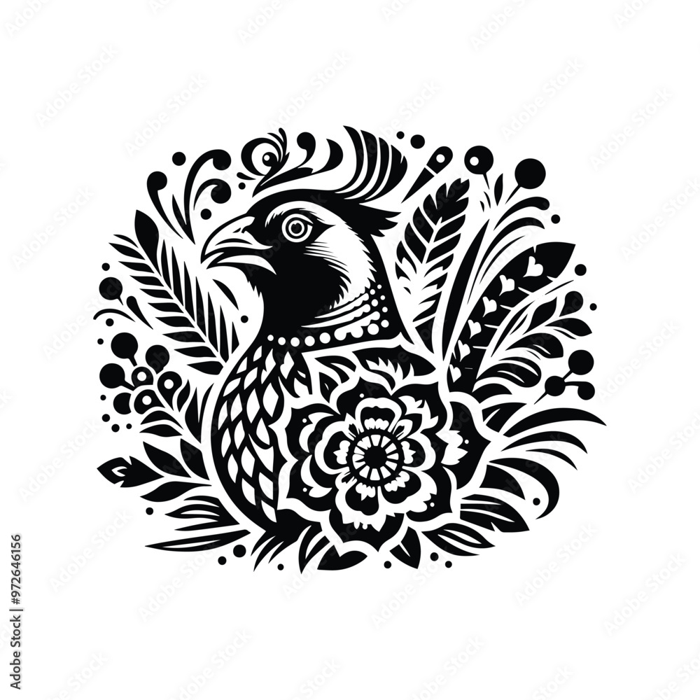 Obraz premium Pheasant bird in folk art black and white silhouette illustration