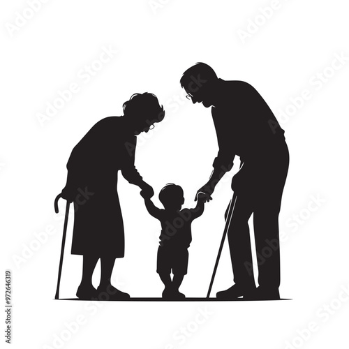 Grandparent with grandchild silhouette. Child enjoying with grandfather and grandmother vector design.