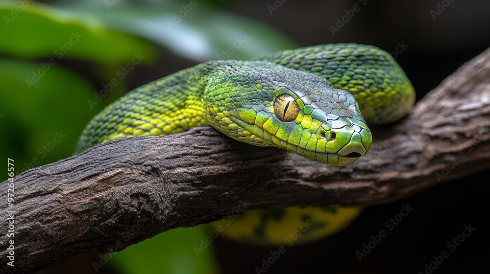 Fototapeta premium Vivid Green Tree Python, Close-up Portrait on a Branch, Reptile, Wildlife Photography