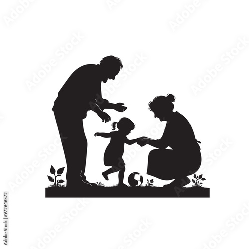 Grandparent with grandchild silhouette. Child enjoying with grandfather and grandmother vector design.