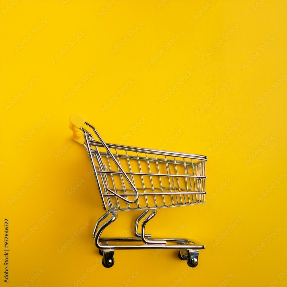 Minimalist Shopping: Cart on yellow Background – Top View with Copy Space Minimalist Shopping: Cart on yellow Background – Top View with Copy Space