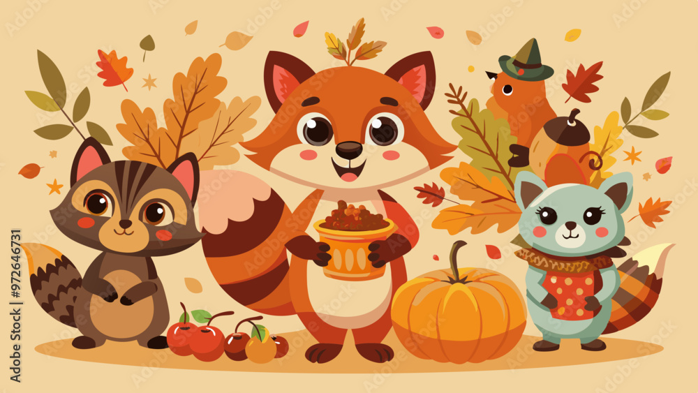 Fototapeta premium Cute Animal Characters Celebrating Thanksgiving – Squirrels, Foxes, Raccoons with Autumn Items