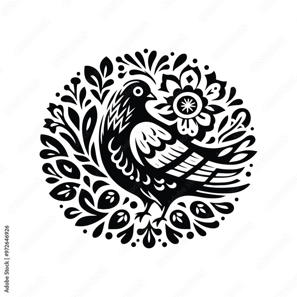 Pigeon bird in folk art black and white silhouette illustration Pigeon bird in folk art black and white silhouette illustration