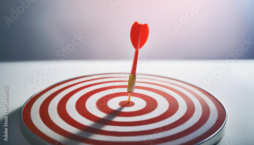 Arrow at red-white darts target, light backdrop. Business and achieving goals concept.