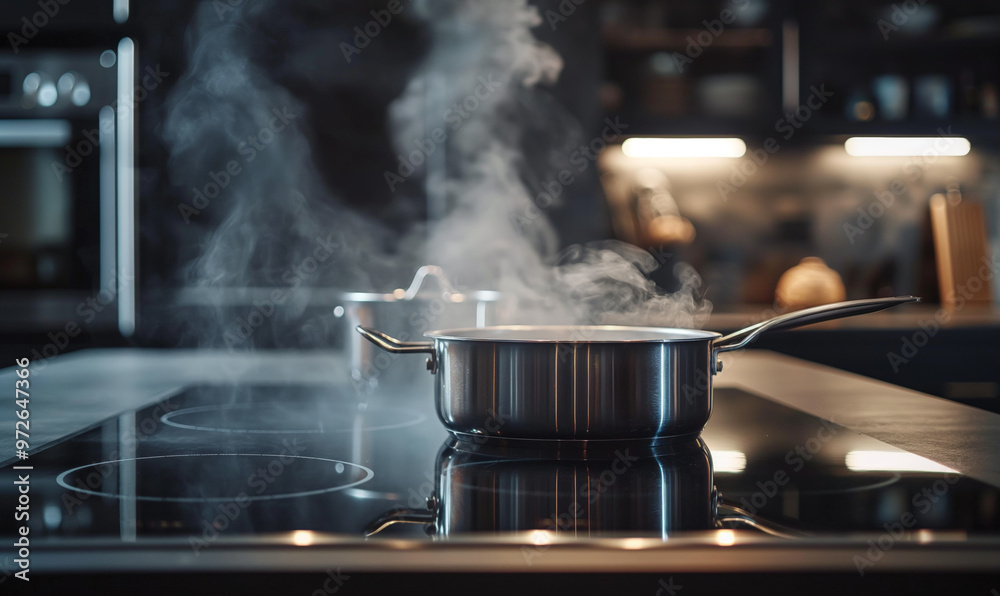 A stainless steel pot releasing steam while cooking on a modern induction stove in a sleek, ambient kitchen, symbolizing culinary preparation and home-cooking warmth A stainless steel pot releasing steam while cooking on a modern induction stove in a sleek, ambient kitchen, symbolizing culinary preparation and home-cooking warmth