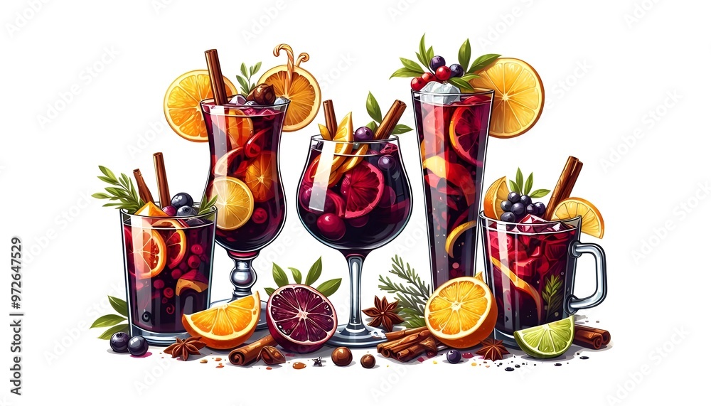 Fototapeta premium Set of alcoholic cocktails sangria and mulled wine isolated on white