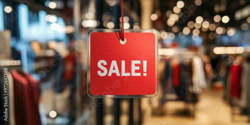 Red sale tag hanging in a retail store with a blurred background of clothes and lights, representing retail sales, discounts, and promotions in a stylish and inviting shopping environment