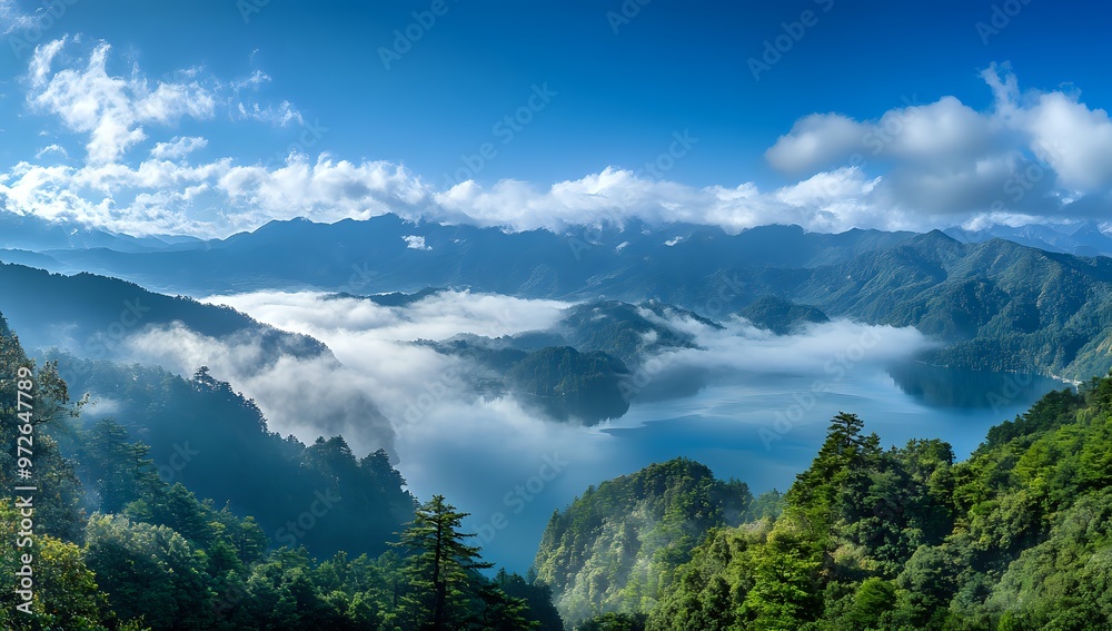 Majestic mountains with a blanket of fog, creating a serene and mystical atmosphere. Majestic mountains with a blanket of fog, creating a serene and mystical atmosphere.
