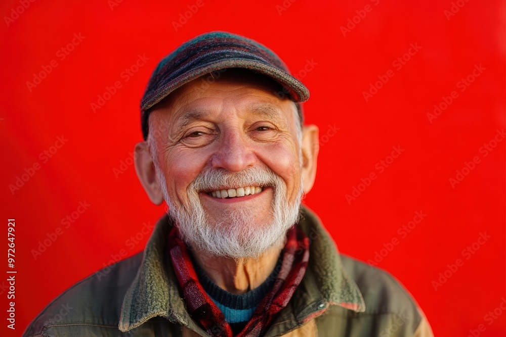 Elderly Man Wearing Cap and Scarf, Red Background. Generative AI. Elderly Man Wearing Cap and Scarf, Red Background. Generative AI.