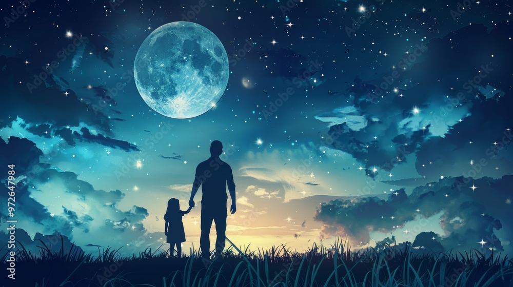Obraz premium Vector illustration of father and daughter on night sky under moonlight and stars for Father's Day gift card, poster or other.