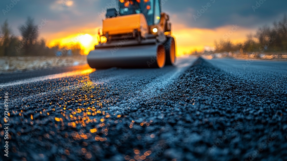 A road roller operator smooths out a newly laid layer of asphalt on a highway A road roller operator smooths out a newly laid layer of asphalt on a highway