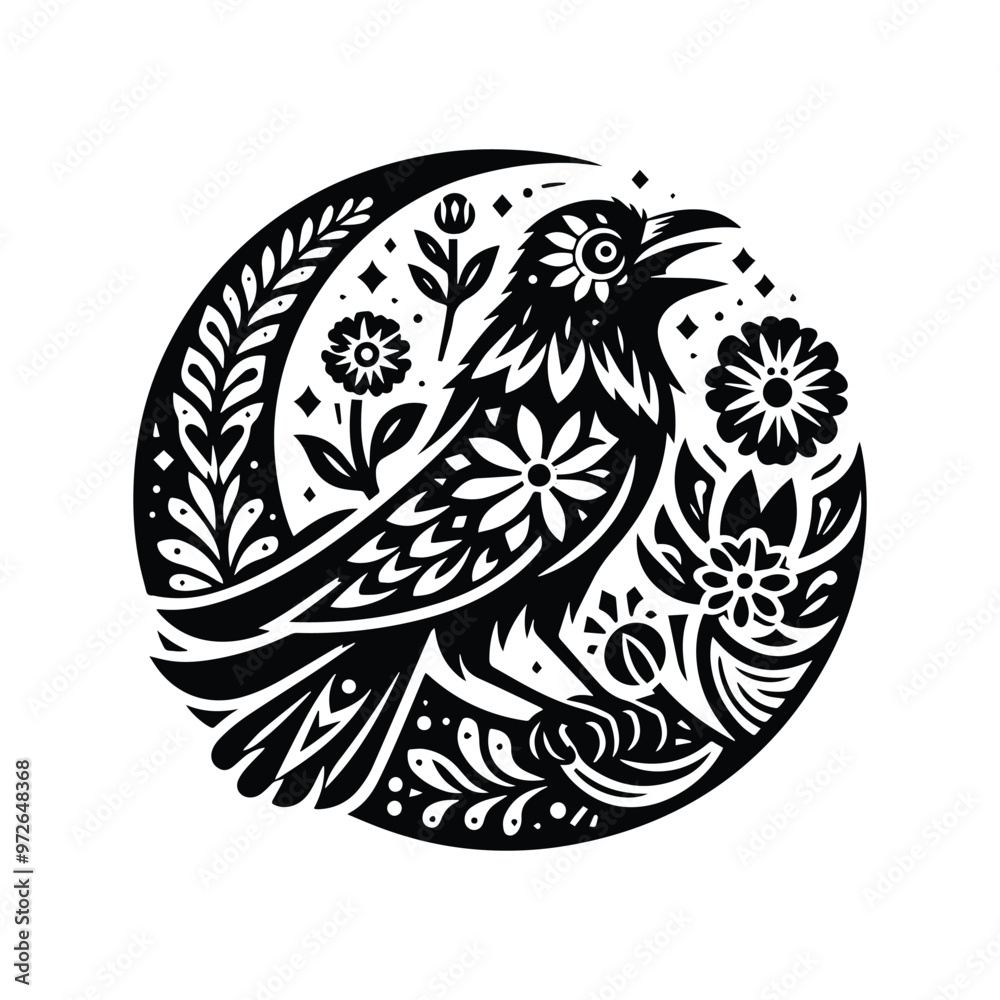 raven bird in folk art black and white silhouette illustration