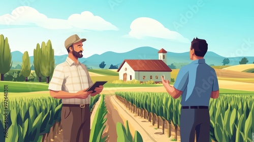 A farmer talking to a banker in a rural setting, discussing the financial aspects of farming in the countryside.