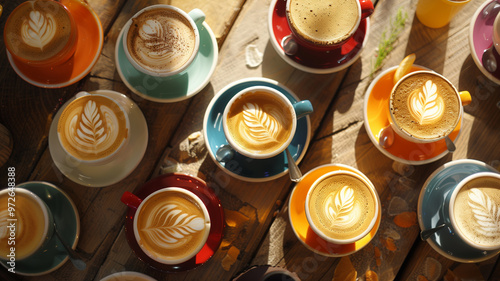 Top view of colorful coffee cups with beautifully crafted latte art, representing a vibrant café culture and the art of coffee making